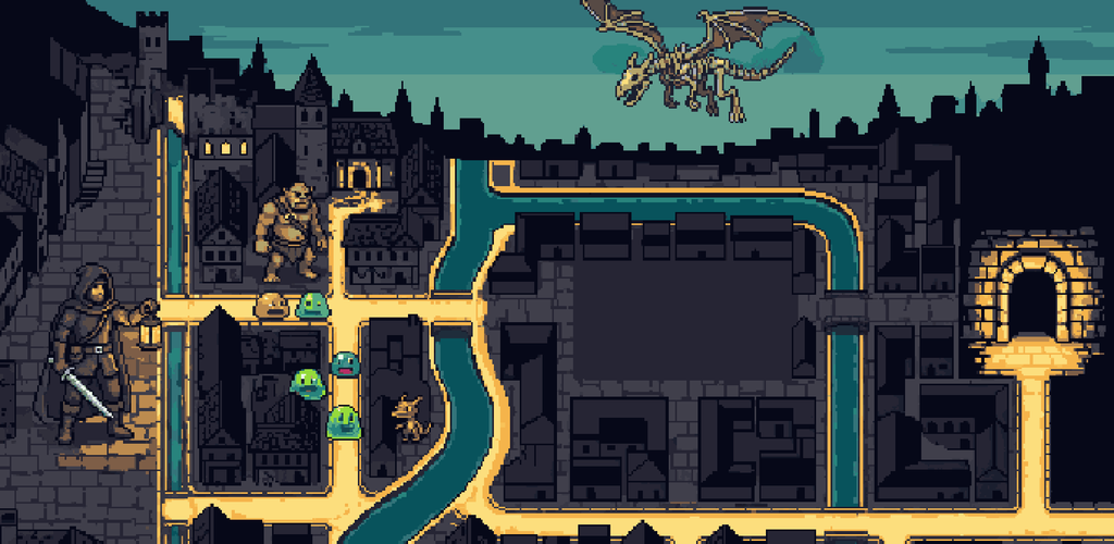 A city drawn as a fantasy map, with a lantern-bearing adventurer and monsters in the streets